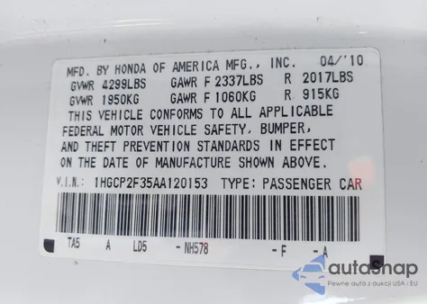 2010 Honda Accord 2.4 Lx from USA, damaged, VIN 1HGCP2F35AA120153